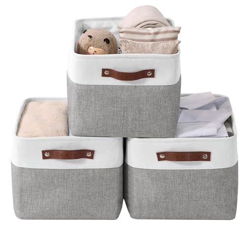 DECOMOMO Storage Baskets for Shelves - Fabric Storage Bins, Linen Closet Organizers and Storage (Grey & White, Large - 3 Pack)