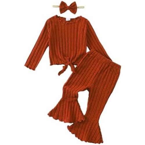 Kucnuzki Baby Girl Clothes Toddler Clothes Long Sleeve Plain Shirts Top Bell Bottoms Flare Pants Infant Girl Fall Outfit
