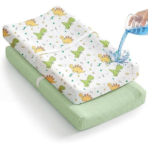 2 Pack Waterproof Muslin Changing Pad Cover with Safety Strap Hole, TPU Leakproof Protection Soft Muslin Baby Changing Table Covers for Boys & Girls, Fits 32" x 16" Changing Pad,Green Dinosaur