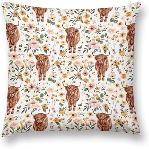 HawSkgFub Baby Girl Nursery Highland Cow Lover Pink Floral Decorative Pillowcase Throw Pillow Cover, Western Cowgirl Flower Cushion Case Bedroom Playroom Decor, Highlander Yak Baby Shower Kids Gifts