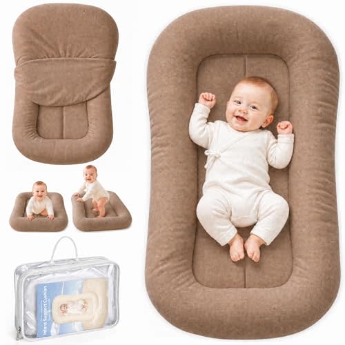 Baby Lounger, Infant Support Cushion 0-24 Months, Brown | Breathable Cotton, Machine Washable Cover, Infant Lounger, Home and Travel, Portable Tummy Time Mat, Baby Registry Gift