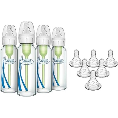 Dr. Brown’s Natural Flow Level 2 Narrow Baby Bottle Silicone Nipple, Medium Flow 3m+ 100% Silicone Bottle Nipple, 6 Count + Dr. Brown's Natural Flow Anti-Colic Options+ Narrow Glass Bottle 8oz 4pck