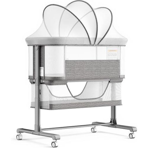 Kinder King Baby Bassinet Bedside Sleeper, Large Storage, Grey