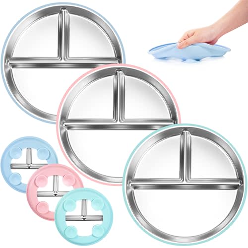 Stainless Steel Toddler Plates Silicone Suction,3 Packs Non-Slip Baby Plates,Divided Portion,Food-Grade Silicone Plate for Kids,LEAD-FREE Dishwasher Safe, Green Blue Pink