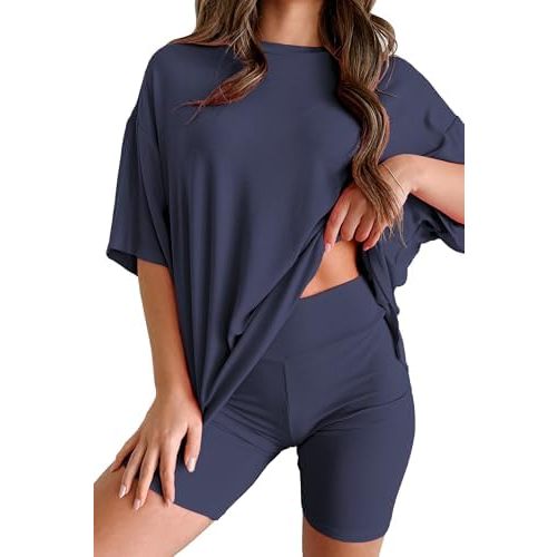 Womens 2 Piece Lounge Set 2025 Summer Travel Outfit Casual Short Sleeve Oversized Tshirts & Biker Shorts