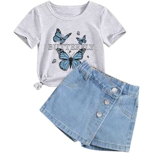Girls Clothes 2PCS Butterfly Print Short Sleeve T-Shirt Denim Skirt Shorts Set Teen Tween Girls Summer Outfits Set