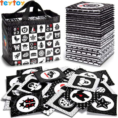 teytoy Black and White Baby Sensory Toys High Contrast Cards Cloth Fabric Soft Cards for Newborn 0-6 Months Visual Stimulation Early Development with Animals Fruit Number Shape Letter, 26 Pcs