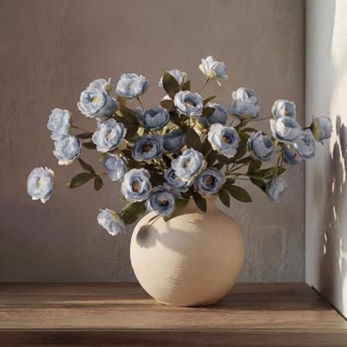 6 Pcs 32" Large Haze Blue Artificial Peonies Stems Flowers, Real Look Faux Silk Peony Bouquet 42 Heads Total for Vase Filler, Farmhouse Rustic Neutral Home Decor, Wedding Centerpieces