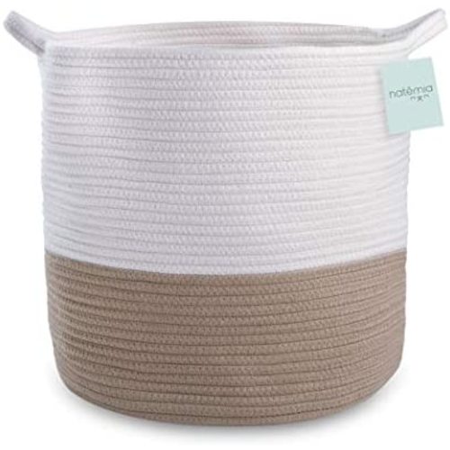 Natemia Cotton Rope Storage Basket- Nursery Bin and Toy Organizer (15”x15”x14”), Laundry Basket, Basket for Towels, Pillows and Blankets - Beige