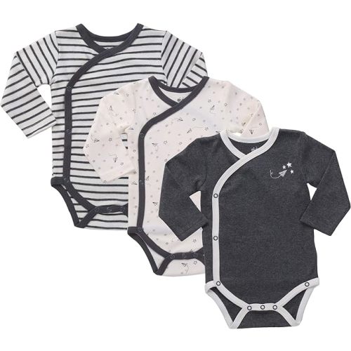 (9-12m) Asher and Olivia Baby Boy's 3-Pack Long-Sleeve Kimono Bodysuit Set: Side Snap Infant Clothes Bundle