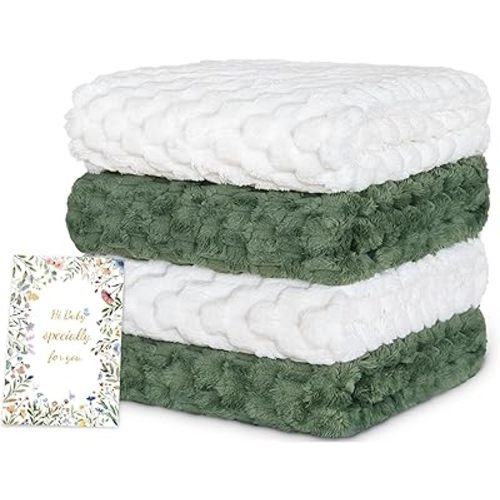 HOMRITAR Baby Blanket 4 Pcs, Ultra Soft 3D Flannel Fleece Fluffy Blankets for Nursery, Warmer Plush Bed Blanket Set, Christmas Baby Gift Idea for Boys & Girls, 30x40 Inches (2 Olive Green + 2 Cream)