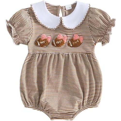 Newborn Baby Girl Clothes Soccer/Golf/Football Striped Puff Short Sleeve Jumpsuit Smocked Bubble Outfit