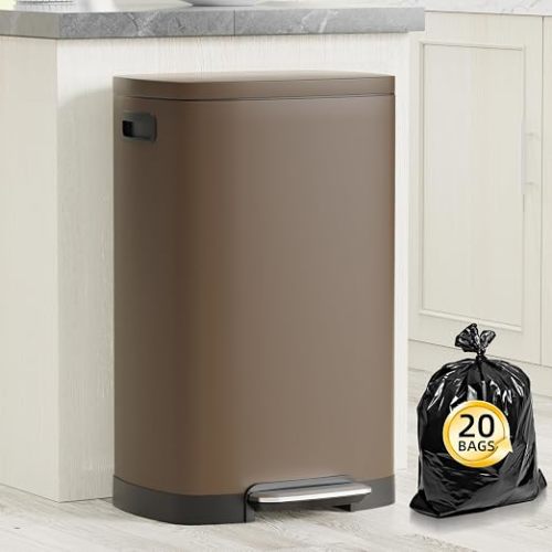 KdbK 13 Gallon Trash Can with Lid, 50L Fingerprint Proof Stainless Steel Kitchen Trash Can with Removable Inner Bucket and Lid Soft Close, Pedal Rubbish Bin for Home Office