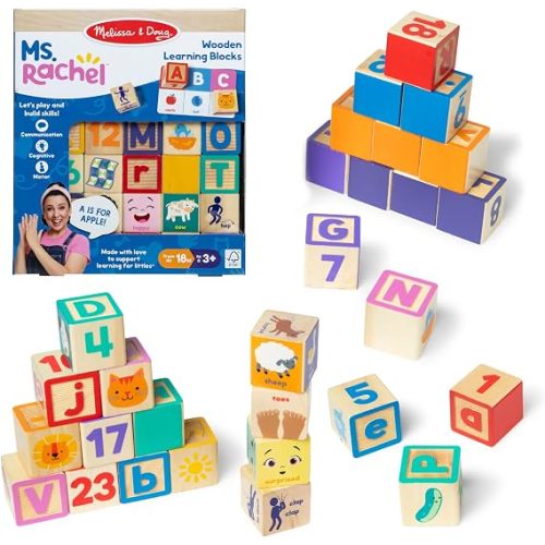 Melissa & Doug Ms. Rachel Letter, Number, and Game Wooden Learning Blocks with Activity Cards for Girls and Boys Toddlers Ages 18 Months+ - FSC Certified