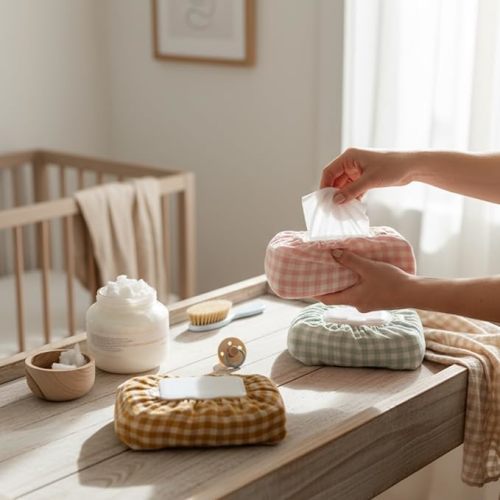 Baby Wipes Cover – Universal Size, One Size Fits All Wipes Packages | Muslin Cotton Tissue Cover for Nursery, Diaper Bag & Changing Table, Station | Gingham & Neutral Patterns (Pink Gingham)