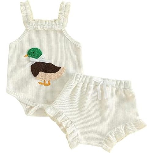 Newborn Baby Girl Clothes Silly Goose Outfit Waffle Knit Sleeveless Romper Ruffle Shorts Set Spring Summer Clothes