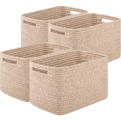 OIASKET 4Packs Natural Cotton Rope Storage Baskets for Organizing Toys, Clothes, Towels & Books, Soft Versatile Organizers for Shelves, Home Decorative Bins, 13''Lx9''Wx7.8''H, Brown