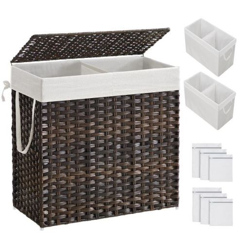 SONGMICS 130L Laundry Hamper with Lid Clothes Hamper with 2 Removable Liner Bags & 6 Mesh Bags Brown