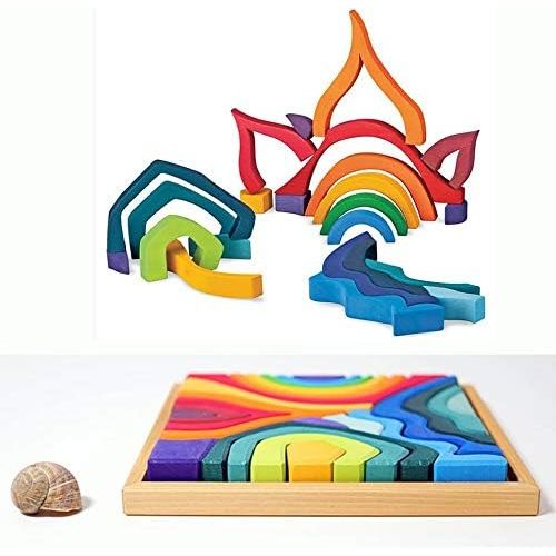 'Four Elements' Rainbow X-Large Rainbow Blocks, Wooden Toys for Kids, Geometric Building Puzzle, Volcano/House Educational Set