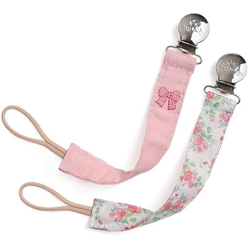 Itzy Ritzy Fabric Pacifier Strap – Universal Pacifier Clip Attaches to Clothing, Strollers & Bags - Keeps Pacifiers, Teethers & Toys Secure & Within Reach - Pack of 2 (Bows & Floral)