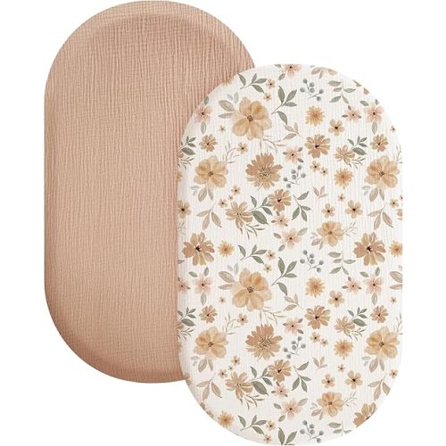 Konssy 2 Pack Muslin Fitted Bassinet Sheets for Baby Girl Boy, Soft Breathable Baby Bassinet Sheets Fit for Bassinets, Cradle, Moses Basket Oval Rectangle Pad/Mattress (Peach,Floral)