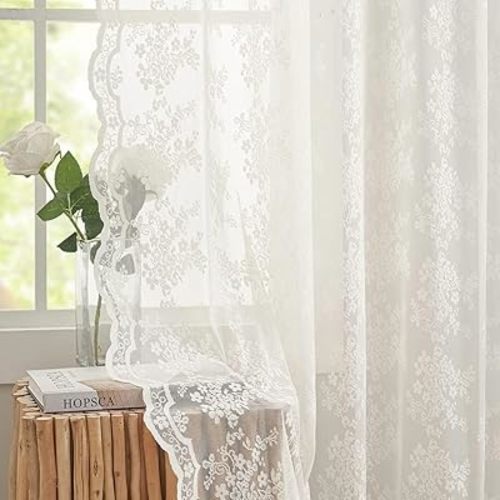 YJ YANJUN Vintage Lace Curtains Cottage Floral Cream Sheer 94 inch Curtains 2 Panels Set for Living Room Bedroom Light Filtering Floor to Ceiling Drapes Country Farmhouse Decor 52" W x 94" Ivory