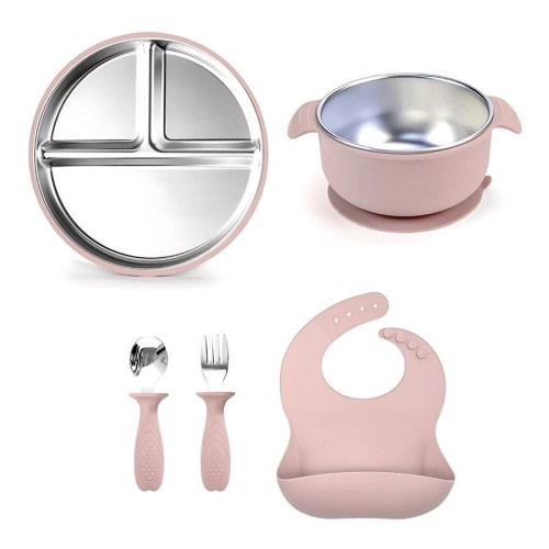 Toddly Mealmate Stainless Steel Feeding Set With Silicone Suction Cover for Baby-Led Weaning - Light Pink