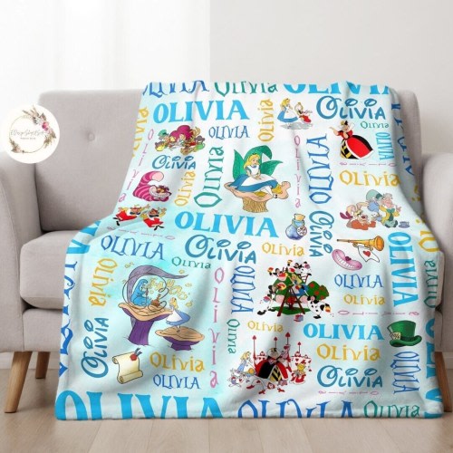 Personalized Disney Alice in Wonderland Blanket, Custom Name Baby Girl Blanket, Disney Princess Alice Birthday Girl Gift, Cheshire Cat Lover