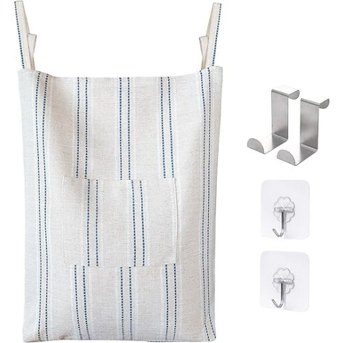 AELS Farmhouse Hanging Laundry Hamper with 2 Hooks, Boho Beige & Blue Stripes Laundry Bag with Zipper & Wide Open Top, Over the Door Organizer for Dirty Clothes, Washable Space Saving Storage