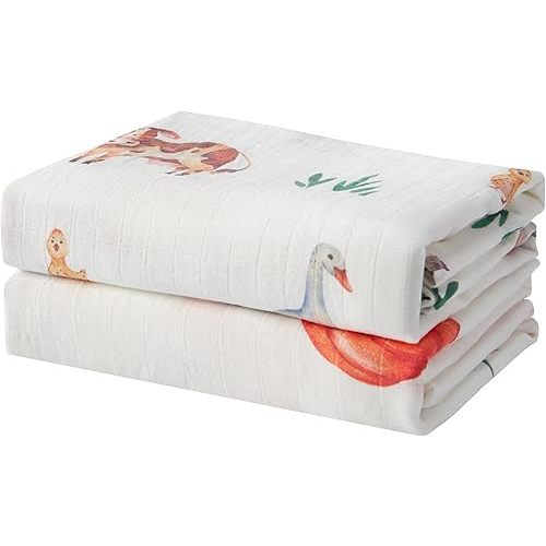 Muslin Swaddle Blankets for Newborn, 2-Pack Breathable Receiving Baby Blanket, Large 47 x 47 Inches Swaddling Wrap for Boys and Girls (Farm Harvest)