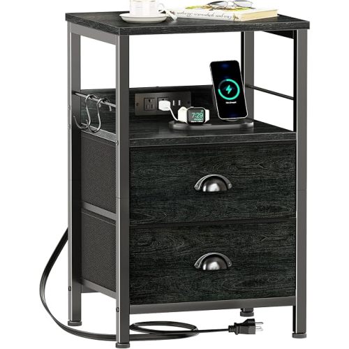 Furologee Nightstand with Charging Station, Black Night Stand with 2 Fabric Drawers, Side Table with USB Ports, End Table with Storage Shelf, for Living Room/Bedroom, Black Oak