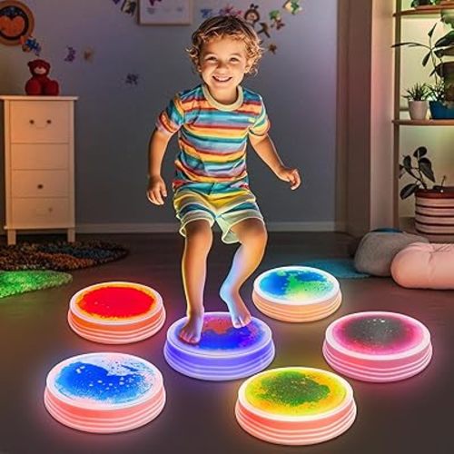 Light Up Stepping Stones for Kids Ages 3+, Sensory Stepping Stones with 7 Glow Colors & Liquid Motion, Non-Slip Toddlers Balance Toys for Coordination & Obstacle Course(6 Pack, Round)