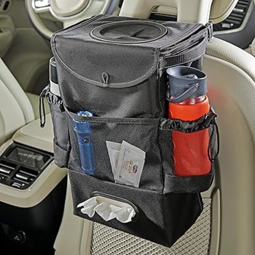 High Road StashAway Large Car Trash Can for Back Seat - Car Garbage Bag With Tissue Holder and Bottle Pockets - Seatback Organizer With 3 Gal Trash Can With Lid for Vans, SUVs and Trucks