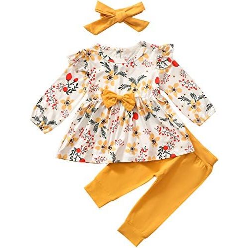 Newborn Infant Baby Girl Clothes Bow Floral Ruffle Long Sleeve Top+ Pants+Headband Outfits Clothing Set