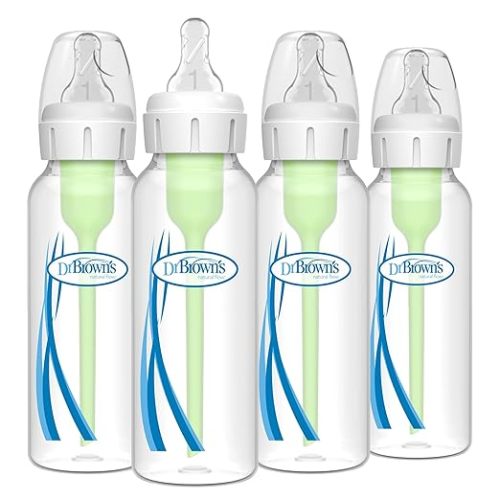 Dr. Brown's Natural Flow Anti-Colic Options+ Narrow Baby Bottle, 8 oz/250 mL, with Level 1 Slow Flow Nipples, 0m+, 4 Pack