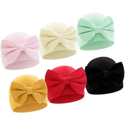 QandSweet Newborn Girls' Hats & Caps Infant Big Bow Cotton Hat 0-6 Months 6-Pack