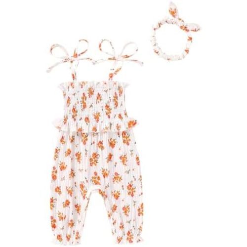 YOUNGER TREE Newborn Baby Girl Clothes Summer Sleeveless Smocked Romper with Headband Toddler Jumpsuit Outfits