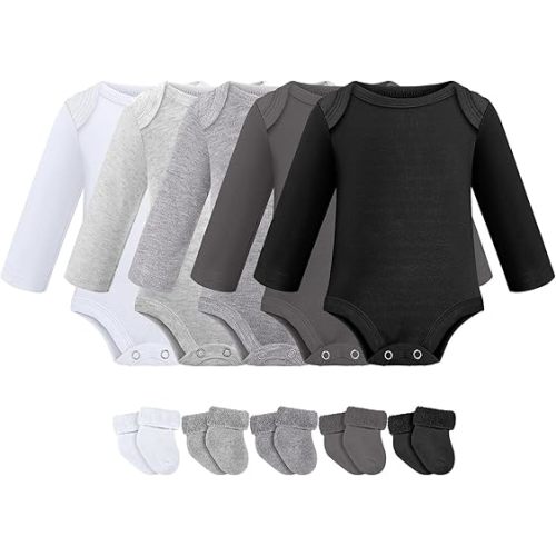 5 Pack Preemie Long Sleeve Bodysuit Preemie Layette Set Bodysuit Socks Set for Boys Girls NICU Gift