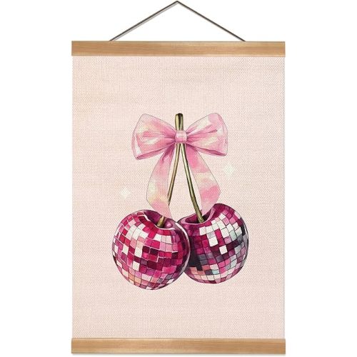 ZTGDA Bow Cherry Wall Decor Poster for Girl Room,Pink Cherry Wall Art,Linen Canvas Hanging Banner,Coquette Posters for Girls Bedroom,Playroom,Nursery, Toddler Room 12x16in (Pink-Cherry01)