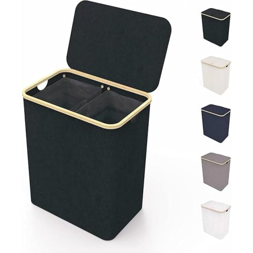 LONBET 150L Double Laundry Basket with Lid and Sturdy Bamboo Frame | Aesthetic Laundry Bin with Side Handles – Made from Breathable Fabric | Laundry Hamper With Lid and Removable Bag, Black