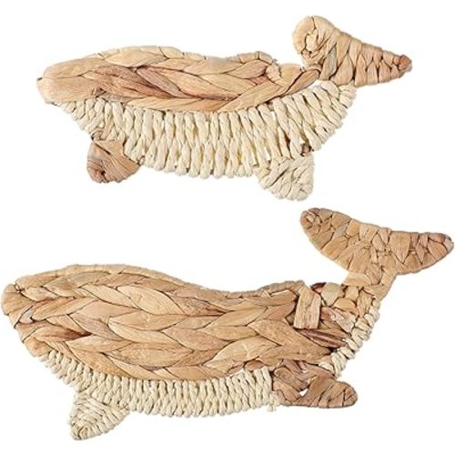 Threehoney 2 Pcs Whale Beach Wall Decor 2 Size Handmade Wicker Whale Nautical Theme Decor Hanging Ocean Coastal Wall Art Sculpture for Boho House Bathroom Bedroom Indoor Outdoor Ornament