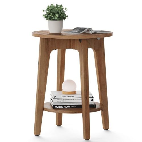 VASAGLE 2-Tier Round Side Table with Lower Shelf, End Table for Small Spaces, Rustic Walnut
