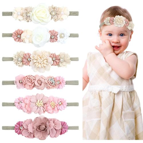 6 Pieces Super Soft Stretchy Ivory Beige Pink Baby Girl Flower Nylon Headbands Floral Hair Accessories for Newborns Infants Toddlers Girls Kids
