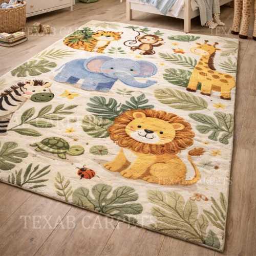 Hand-Tufted Wool Kids Rug, Safari Jungle Animals Nursery Decor