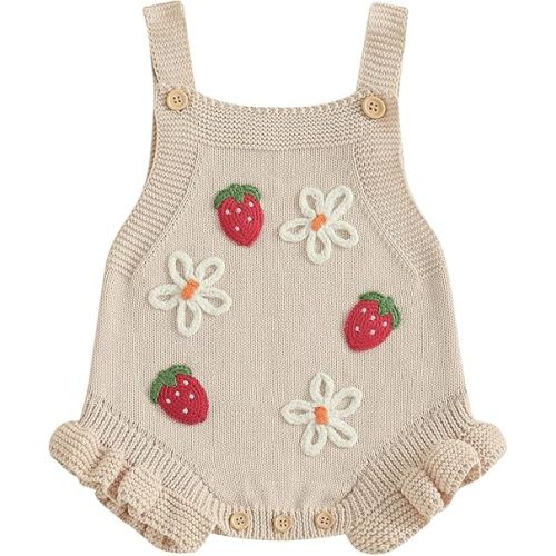 Newborn Sweater Romper Baby Girl Crochet Knit Sweaters Rompers Embroidery Flower Strawberry Outfit Sleeveless Bodysuit