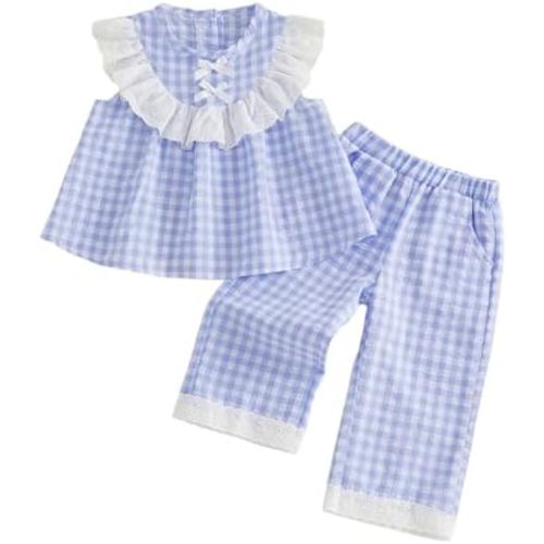 Thorn Tree Girls Summer Outfits Ruffle Sleeve Button Up Dress Tops Plaid Linen Pants Spring Toddler Girl Clothes