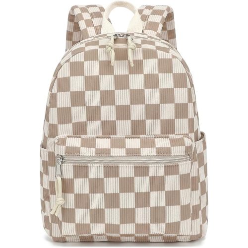 Corduroy Mini Backpack Purse Fashion Small Backpack Casual Daypack for Women Girls School Travel (Checkered Brown)