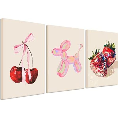 Cute Pink Canvas Wall Art Set of 3, Fruit Disco Strawberry and Bow Cherry Wall Decor Paintings, Funky Preppy Balloon Dog Posters Prints Pictures for Girls Dorm Living Room Bedroom 12x16 Inch Framed