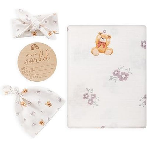 BabyWhale Muslin Swaddle Blanket with Hat and Headband Bow, Flower and Bear Print Swaddle Set for Baby Boys ＆ Girls, Soft Breathable Unisex Receiving Blanket Wrap, 47x47 inches