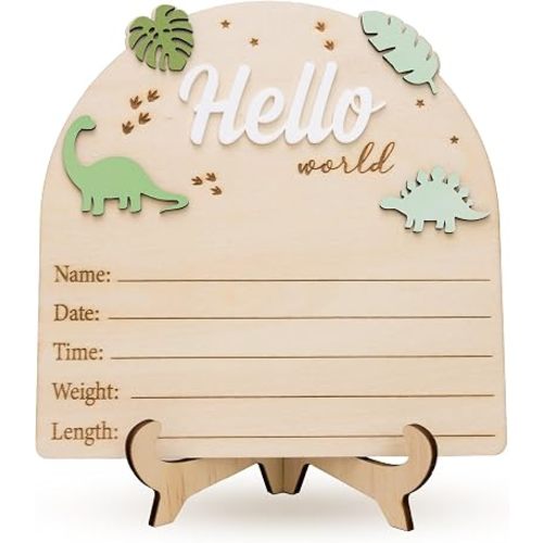 Baby Announcement Sign, 6 in Wooden Hello World Newborn Sign, Dinosaur Theme Birth Stats Board, Hospital Announcement for Baby Boy, Infant Name Prop, Nursery Decor